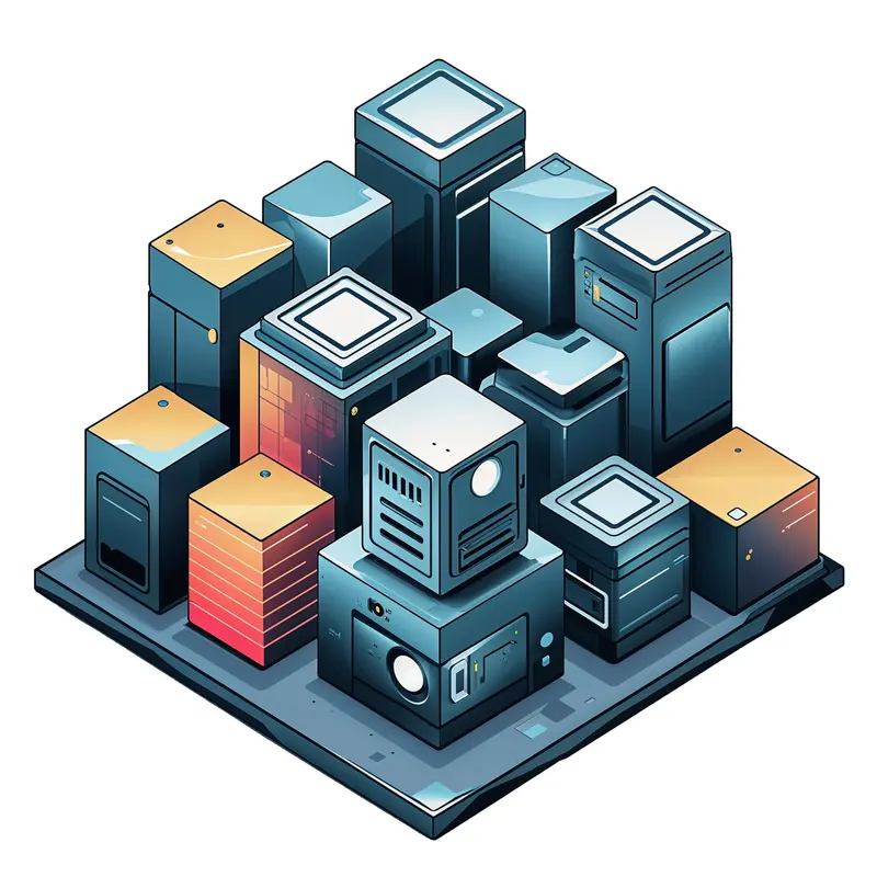 Illustration: office buildings in a city under a clear sky.