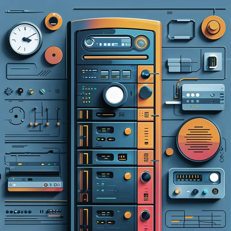 Illustration: a server rack surrounded by devices and dials.