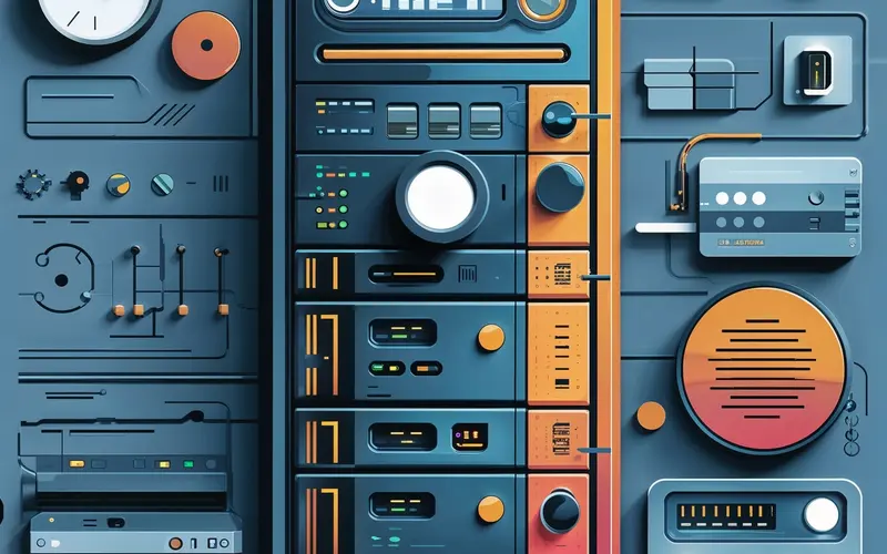 Illustration: a server rack surrounded by devices and dials.