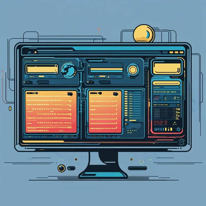 Illustration: a monitoring screen with tables and charts.