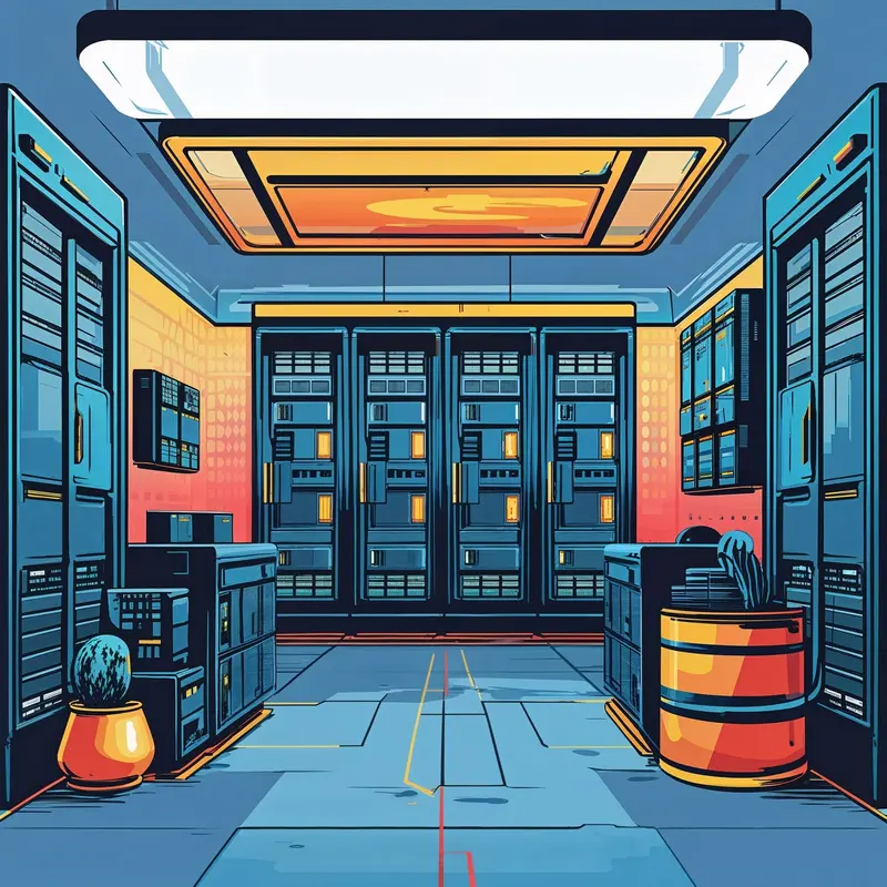 Illustration: a lit server room with rows of racks.