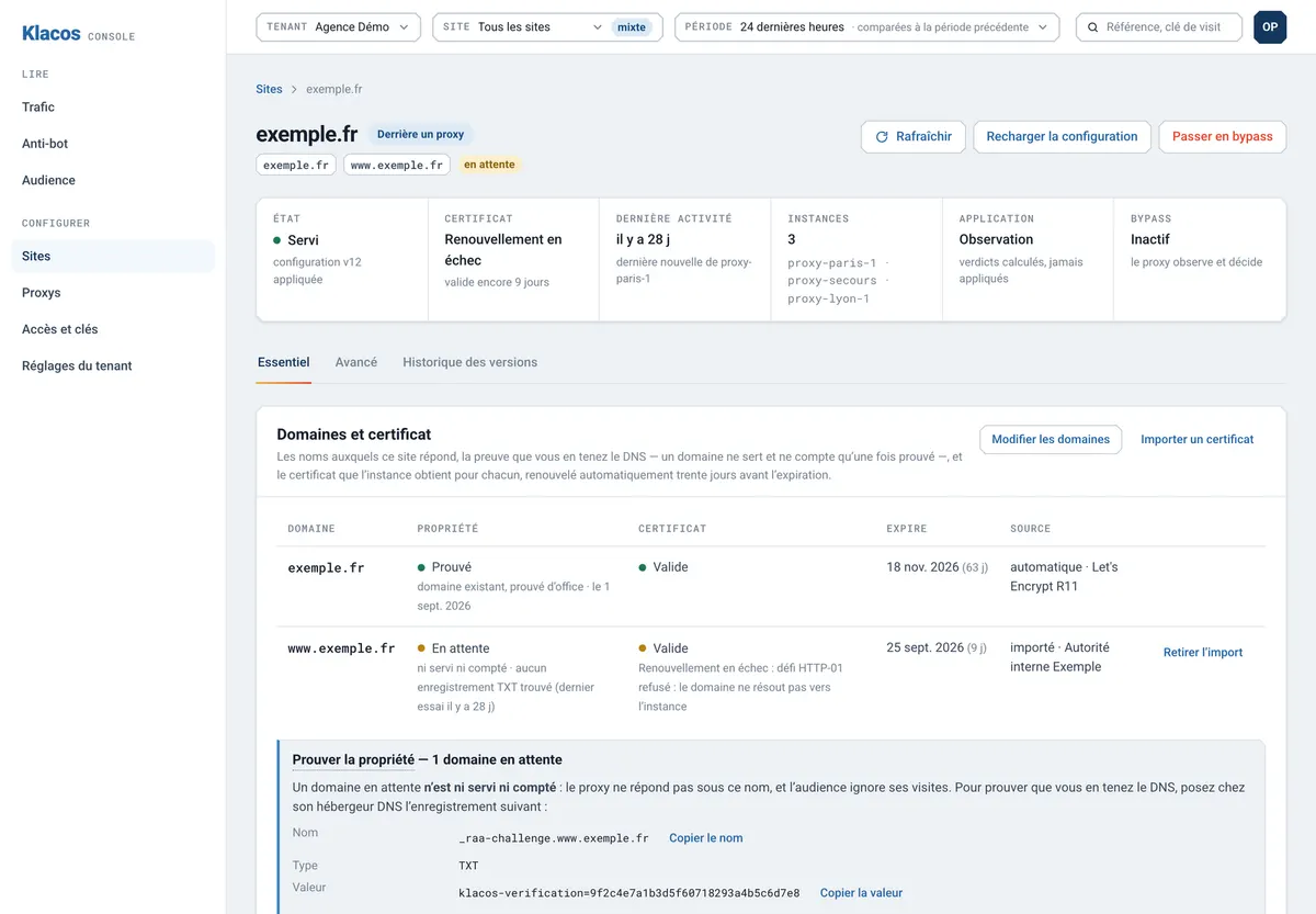 Site page in the console: site status, domains and certificate, origin and routing rules, pages and headers.