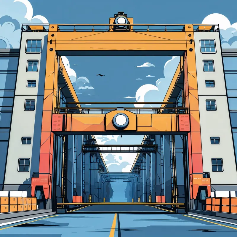 Illustration: a large checkpoint gantry between two buildings, above an access road.