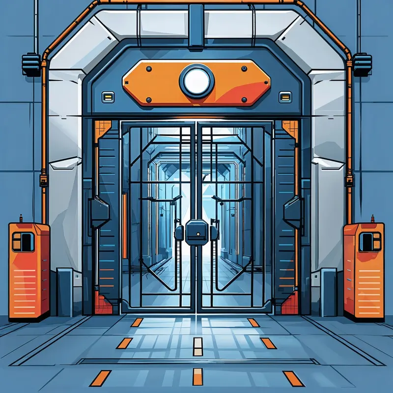 Illustration: a checkpoint gate whose doors open onto a bright corridor.