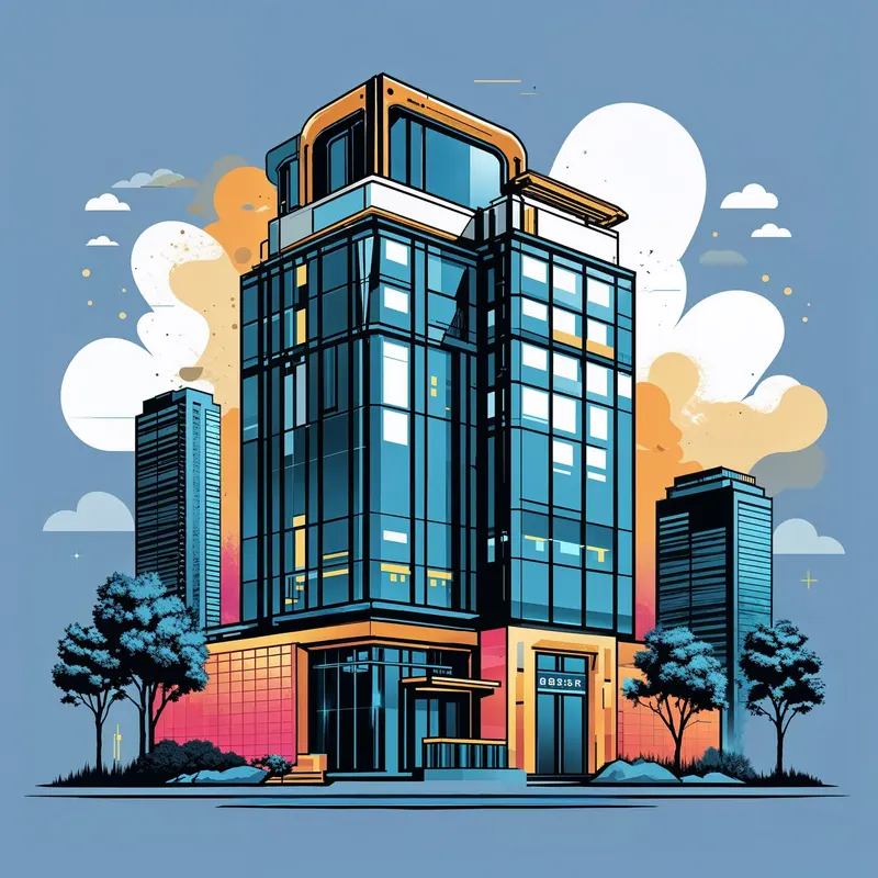 Illustration: a glass office building surrounded by trees.