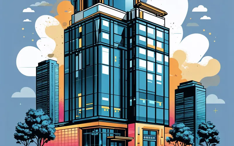 Illustration: a glass office building surrounded by trees.