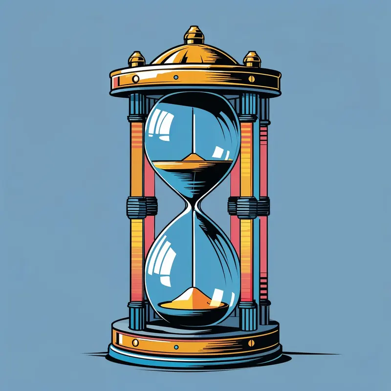 Illustration: an hourglass mounted in a metal frame.